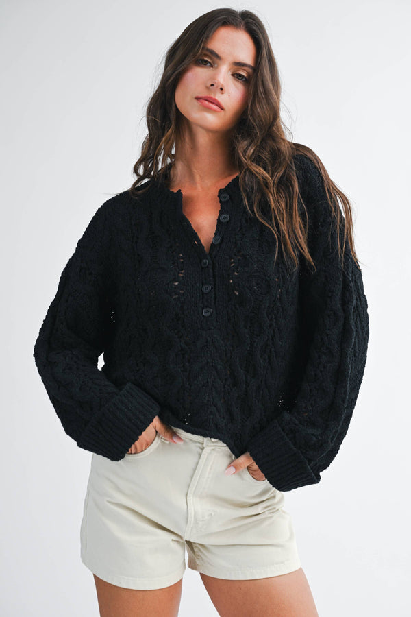 3463hk Textured Cropped Henley Knit Sweater
