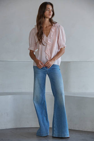 L8439 | Woven Cotton Buttondown V-Neck Short Sleeve Top