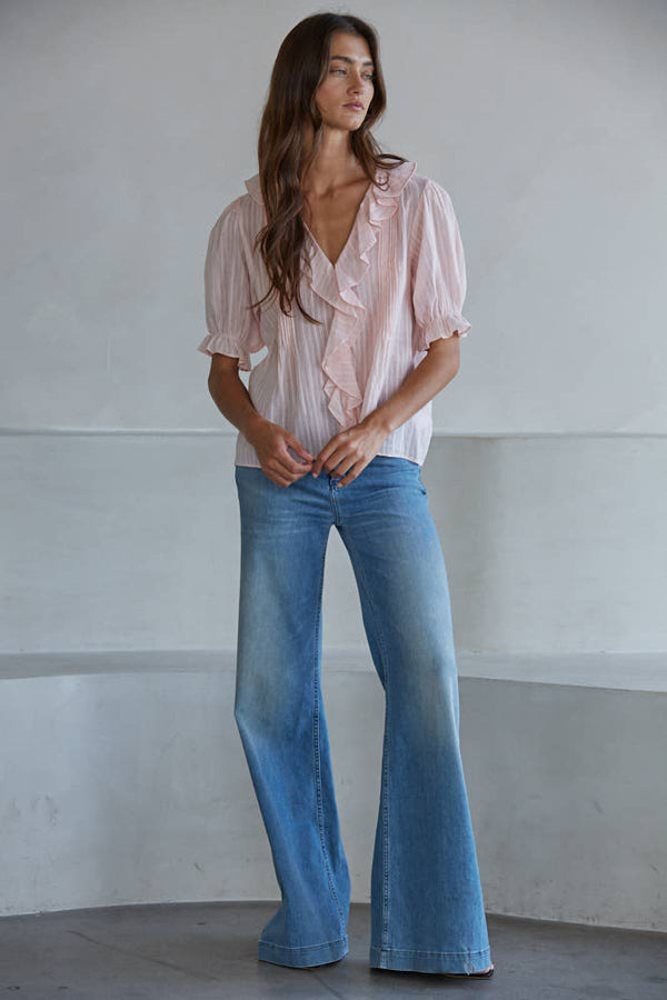 L8439 | Woven Cotton Buttondown V-Neck Short Sleeve Top