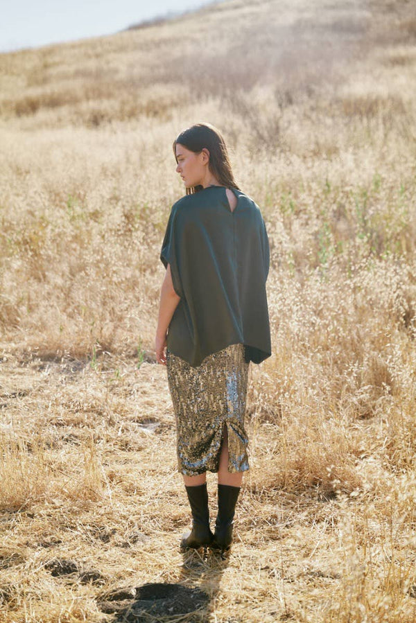 50691 - Front Slit Sequin Pencil Skirt-Blue Hand Home