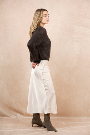 Round neck long sleeve sweater in 80% kid mohair: Navy Blue / One size-Blue Hand Home