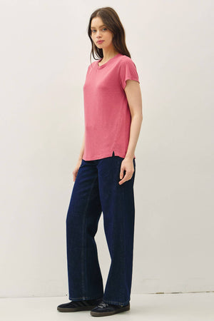 LINEN CLASSIC ROUND NECK SPLIT HEM T-SHIRT-Blue Hand Home