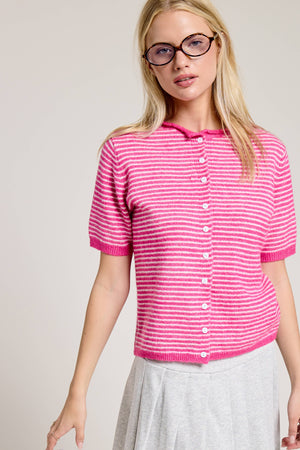 Striped Short Sleeve Button Cardigan-Blue Hand Home