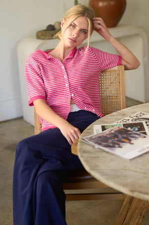 Striped Short Sleeve Button Cardigan-Blue Hand Home