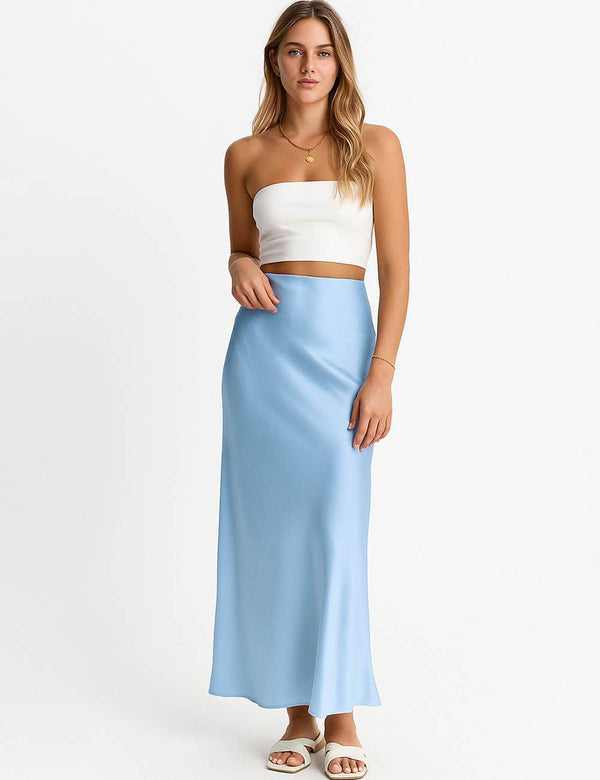 Ladies Solid Color Satin Midi Skirt 5515-Blue Hand Home