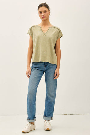 Garment Dye Oversize Cut Split-V Cotton Slub Tee-Blue Hand Home