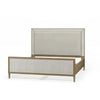 Belgravia Upholstered King Bed in Sandbar. Upholstered in Dinara Natural Performance Fabric w/ White Rattan-Blue Hand Home