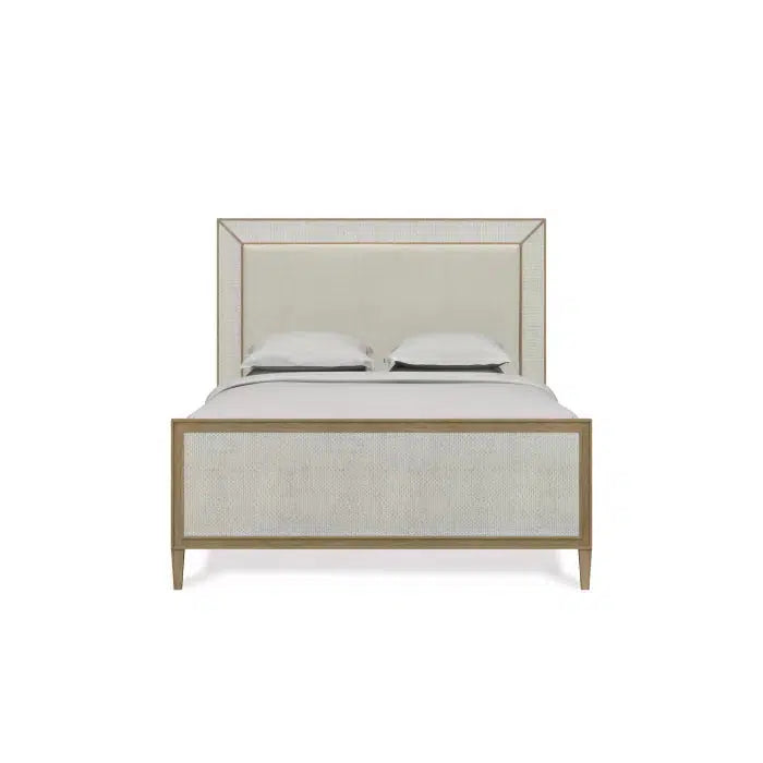 Belgravia Upholstered Queen Bed in Sandbar. Upholstered in Dinara Natural Performance Fabric w/ White Rattan.-Blue Hand Home