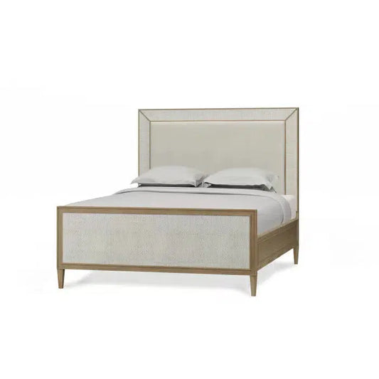 Belgravia Upholstered Queen Bed in Sandbar. Upholstered in Dinara Natural Performance Fabric w/ White Rattan.-Blue Hand Home