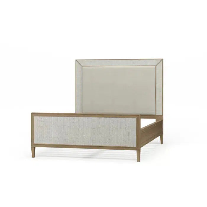 Belgravia Upholstered Queen Bed in Sandbar. Upholstered in Dinara Natural Performance Fabric w/ White Rattan.-Blue Hand Home