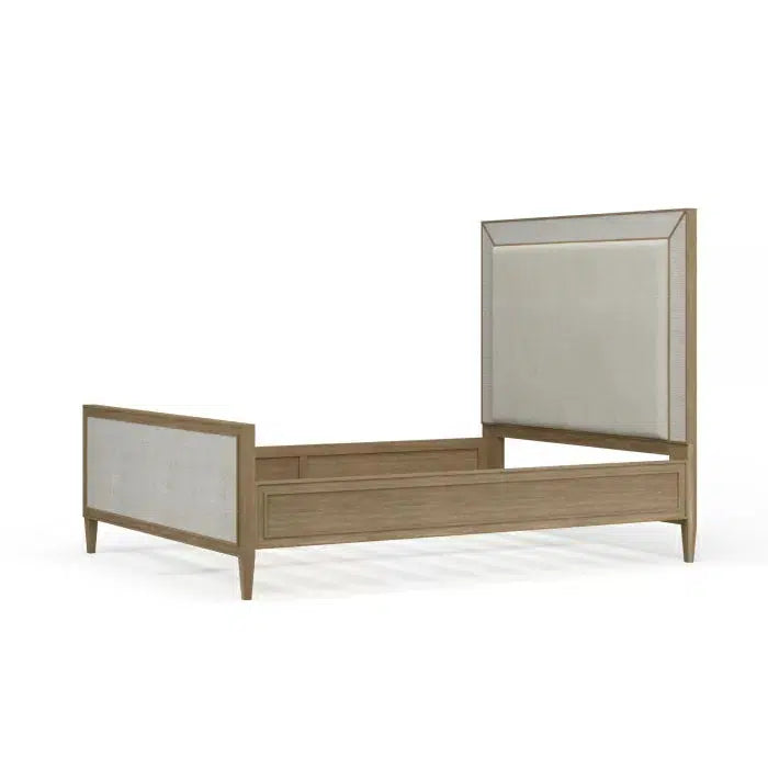 Belgravia Upholstered Queen Bed in Sandbar. Upholstered in Dinara Natural Performance Fabric w/ White Rattan.-Blue Hand Home