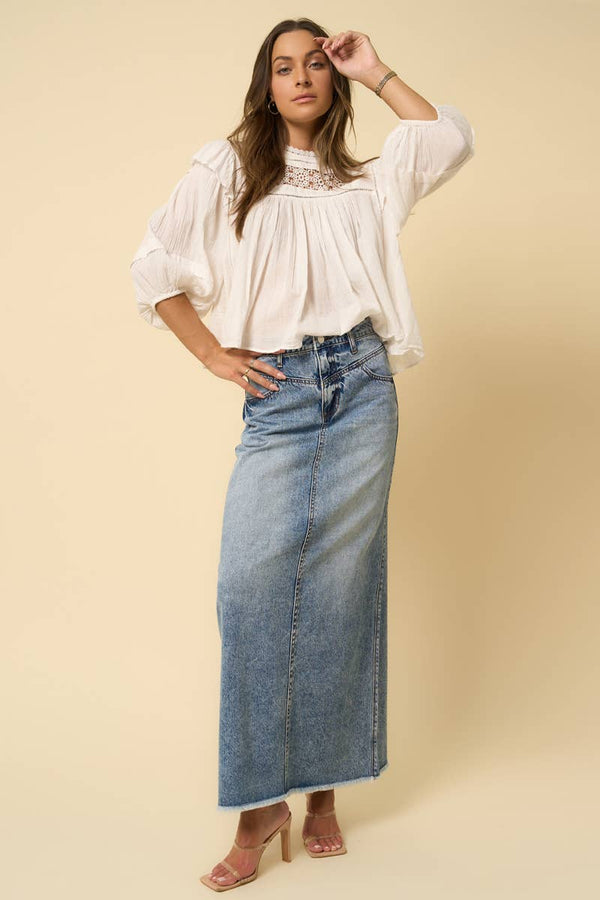 High Rise Flared Maxi Skirt - Fray Hem-Blue Hand Home