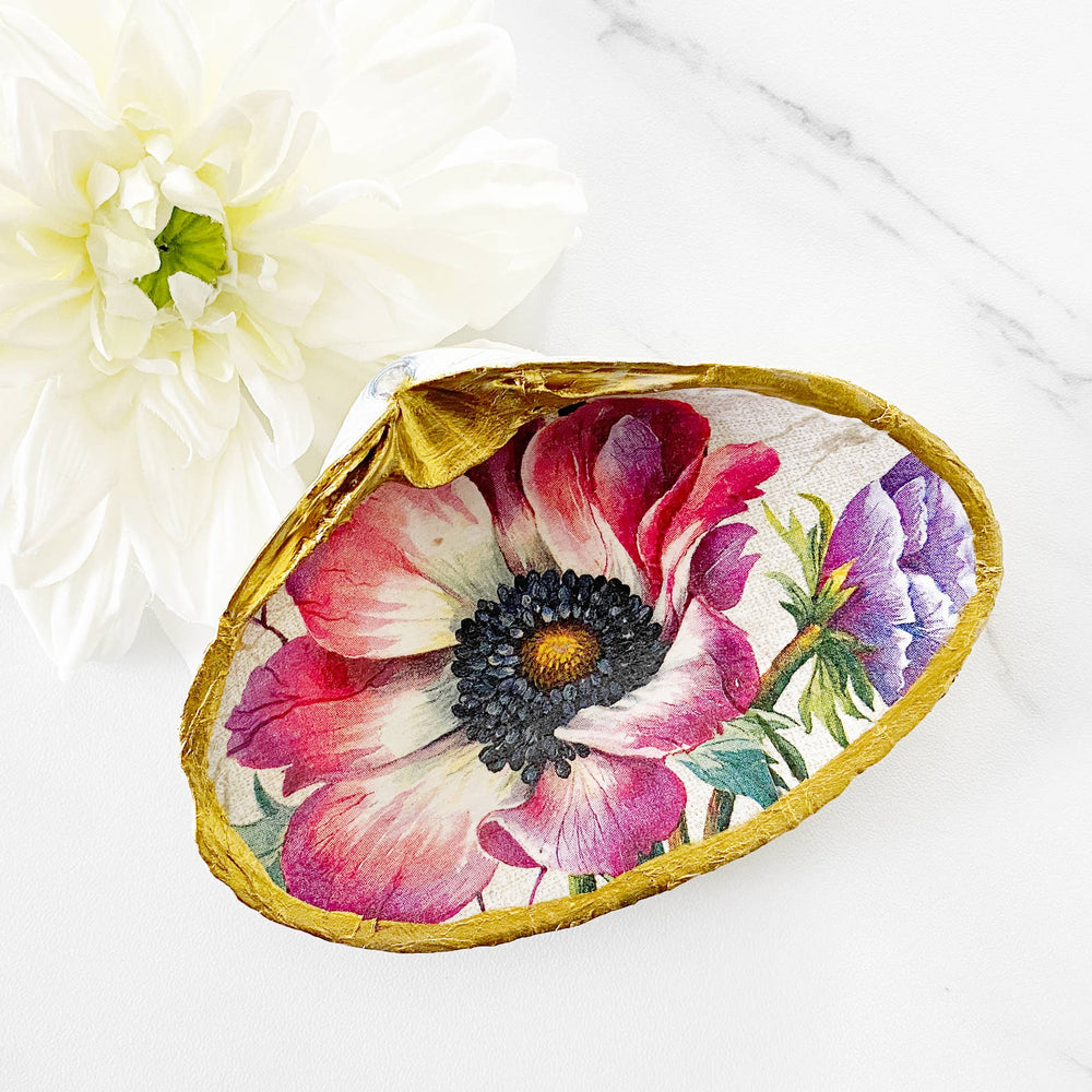 Anemone Pink Blossom Wildflower Clam Shell Trinket Dish-Blue Hand Home