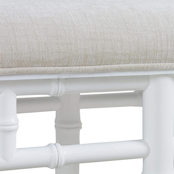 Grosvenor Bench in Architectural White w/ Thames Natural Performance Fabric-Blue Hand Home