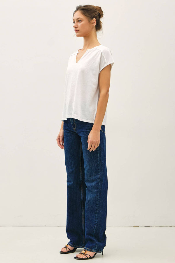 Garment Dye Oversize Cut Split-V Cotton Slub Tee-Blue Hand Home