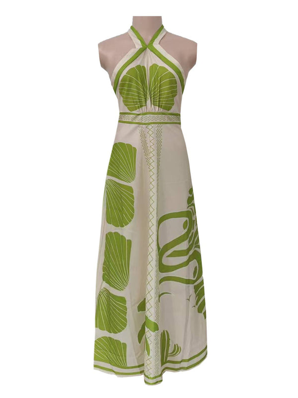 Unique Seashell Print Halterneck Maxi Dress-Blue Hand Home