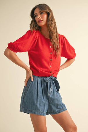 J5056 PUFF SHORT SLEEVE BUTTON DOWN KNIT CARDIGAN-Blue Hand Home
