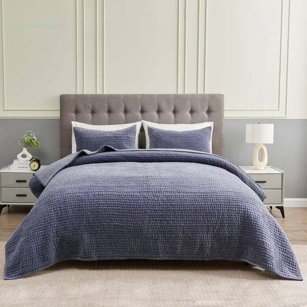 Tamara Velvet Quilt Set-Blue Hand Home