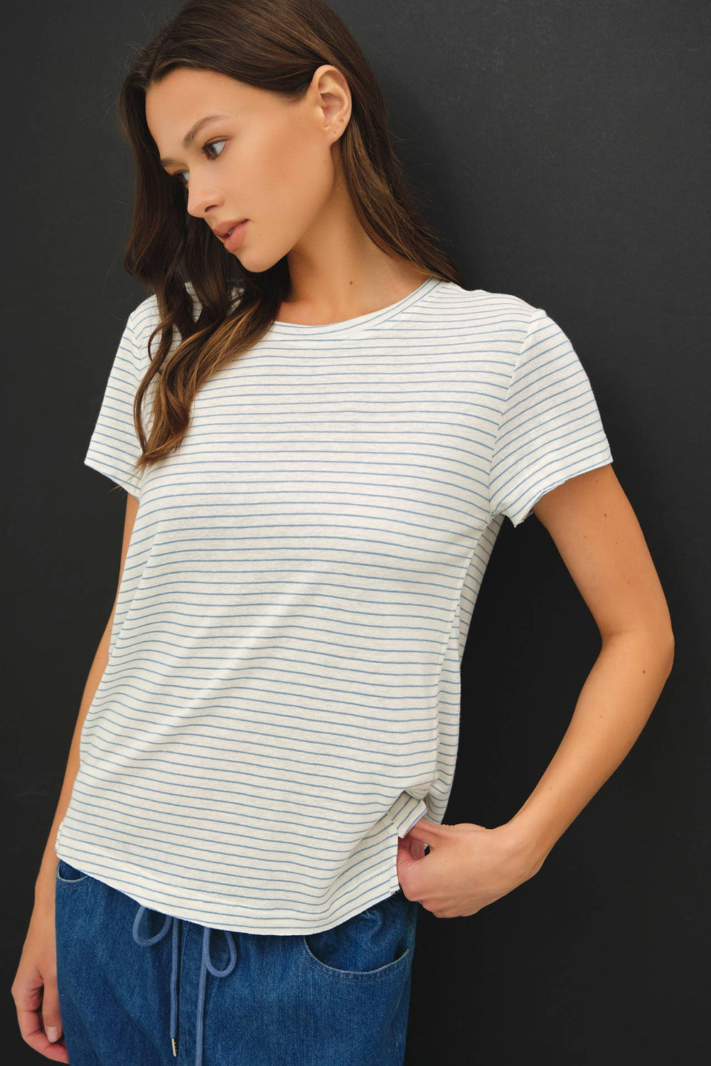 LINEN BLENDED STRIPED RELAXED TEE-Blue Hand Home