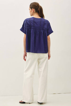 EYELET LACED OVERSIZE DOLMAN SLEEVE TOP-Blue Hand Home