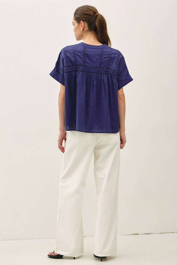 EYELET LACED OVERSIZE DOLMAN SLEEVE TOP-Blue Hand Home