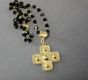 N133P Pearl Rosary Chain with Large 10-inch Gold Cross.-Blue Hand Home