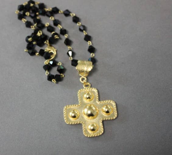 N133P Pearl Rosary Chain with Large 10-inch Gold Cross.-Blue Hand Home