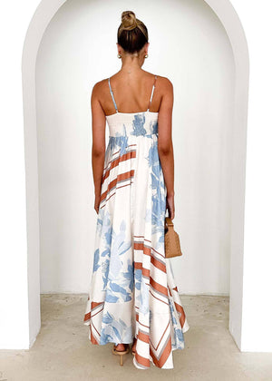 2025 Tropical botanical Floral thin strap flare swing dress-Blue Hand Home