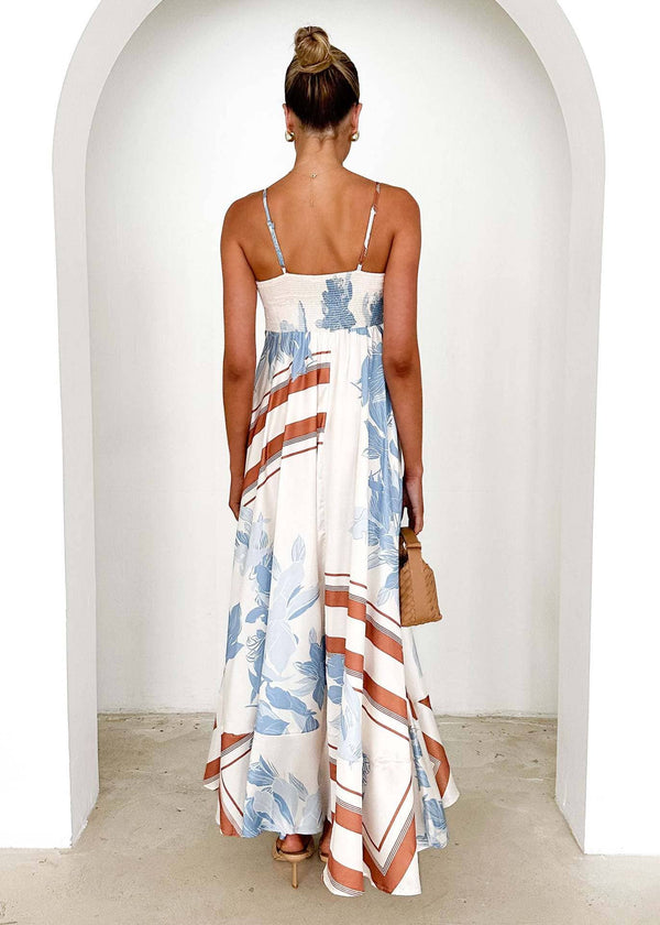 2025 Tropical botanical Floral thin strap flare swing dress-Blue Hand Home
