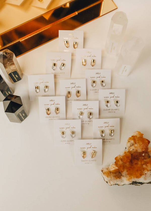 Gold Dip Point - Clear Quartz - Gold Earrings-Blue Hand Home