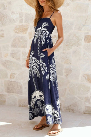 Tropical vacation palm print A-line strappy maxi dress-Blue Hand Home