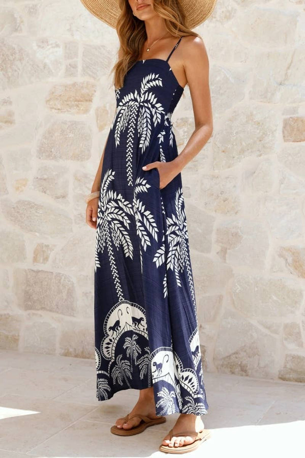 Tropical vacation palm print A-line strappy maxi dress-Blue Hand Home