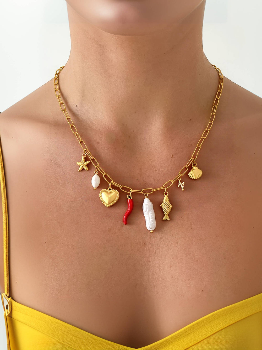 Filigrane 18K Gold Non-Tarnish Pepper Fish Charm Necklace-Blue Hand Home