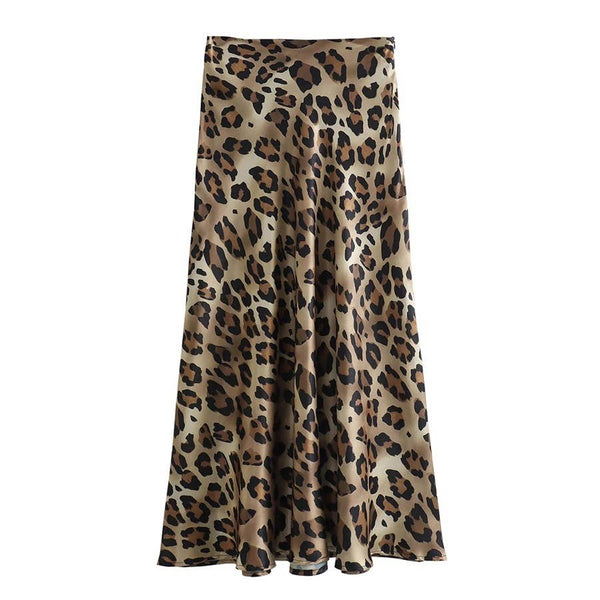 Vintage Leopard Print Satin High Waist Midi Skirt-Blue Hand Home