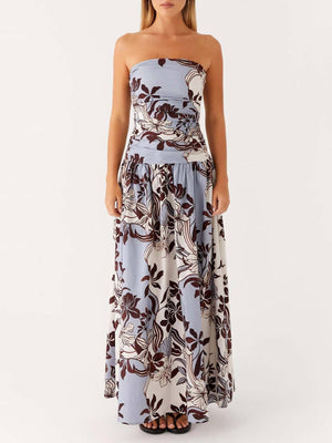 Exquisite floral & botanical strapless maxi cocktail dress-Blue Hand Home