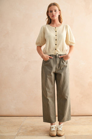 J5056 PUFF SHORT SLEEVE BUTTON DOWN KNIT CARDIGAN-Blue Hand Home
