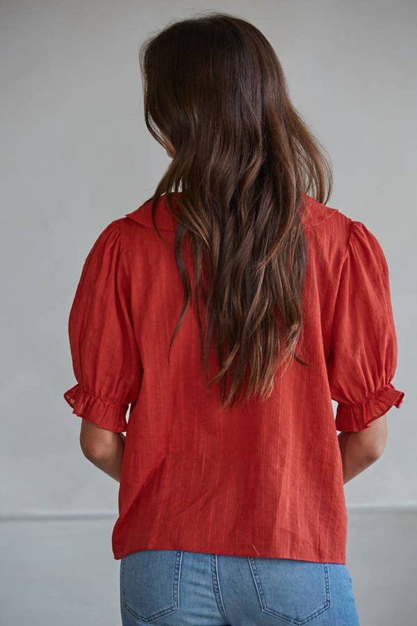 L8439 | Woven Cotton Buttondown V-Neck Short Sleeve Top