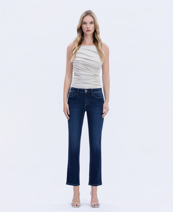 MID RISE DARK WASH ANKLE SLIM STRAIGHT JEANS T6998-Blue Hand Home
