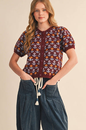 FLORAL SHORT SLEEVE SWEATER CARDIGAN MSW11259-Blue Hand Home