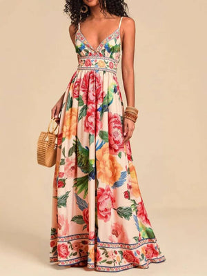 Verona Macaw & Peony Floral print resort strappy sundress-Blue Hand Home