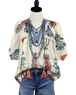 Boho Floral Print V-Neck Casual Top-Blue Hand Home