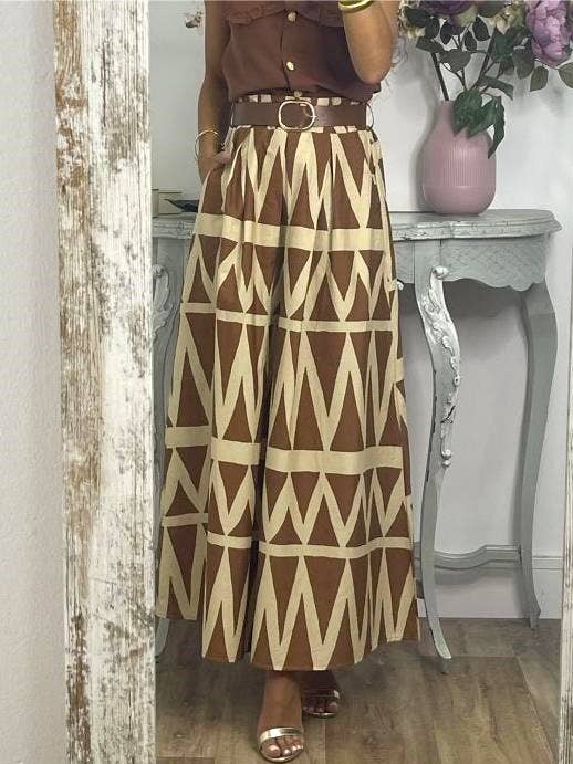 Boho Wavy Pattern Print Large Hem Skirt-Blue Hand Home
