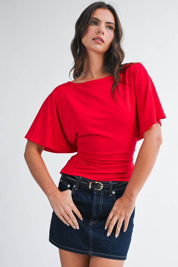 8654hk Draped Short Sleeve Back Tie Top Tee