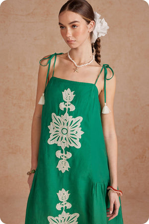 Floral Embroidered Sleeveless Tassel Tie Strap Midi Dress