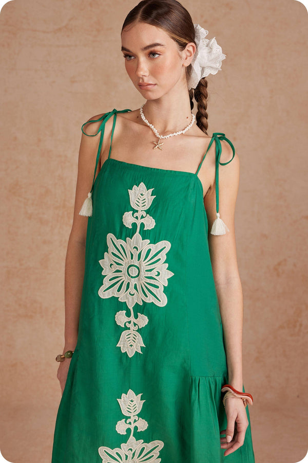 Floral Embroidered Sleeveless Tassel Tie Strap Midi Dress