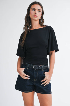 8654hk Draped Short Sleeve Back Tie Top Tee