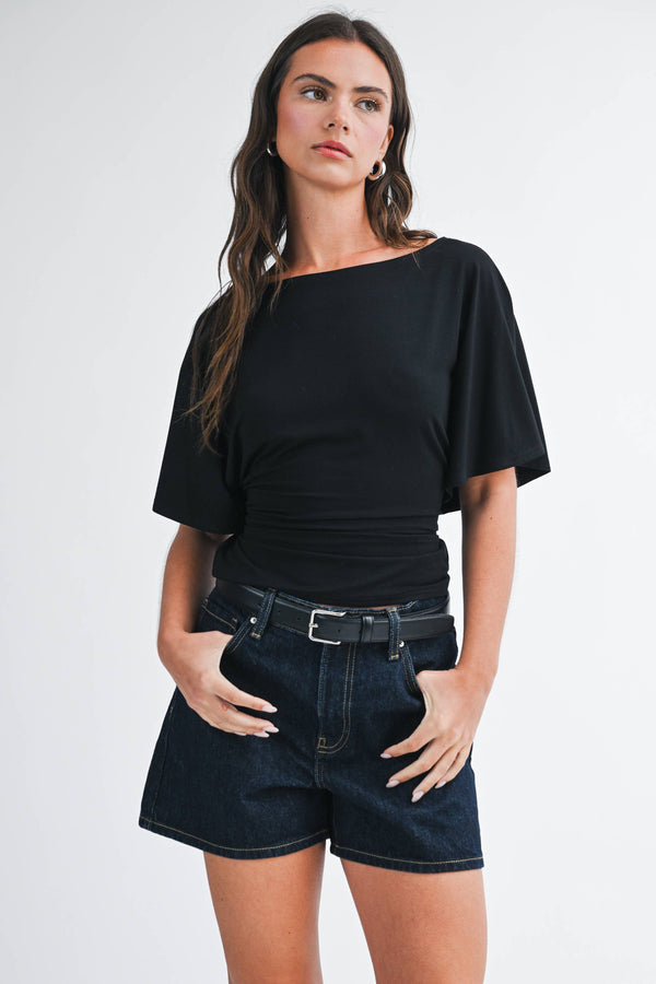 8654hk Draped Short Sleeve Back Tie Top Tee