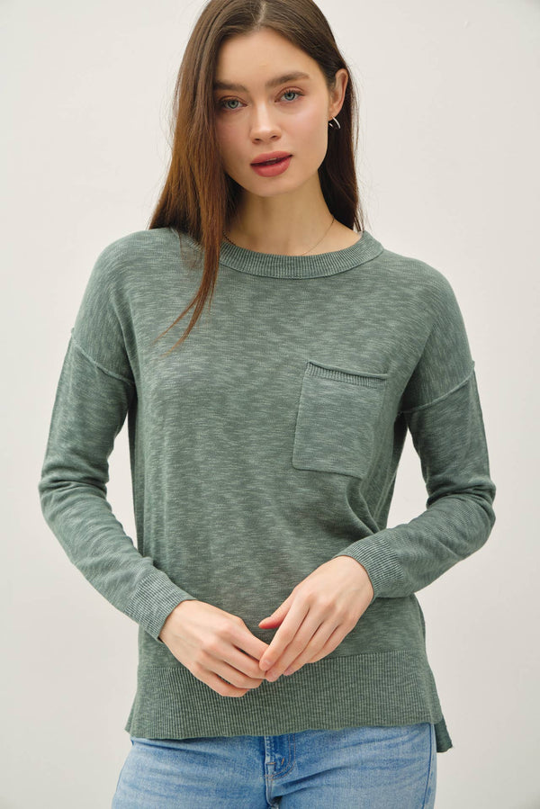 SLUB YARN ROUND NECK SWEATER WITH CHEST POCKETS-Blue Hand Home