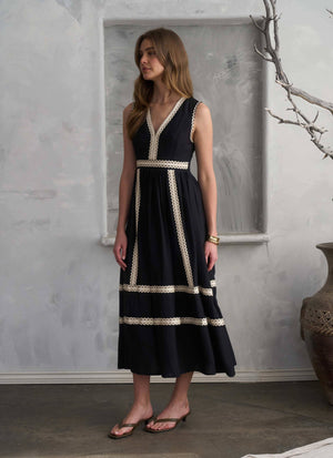 V Neck Lace Insert Sleeveless Midi Dress