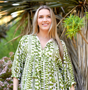 Mylah Midi Dress Block Printed Green-Blue Hand Home